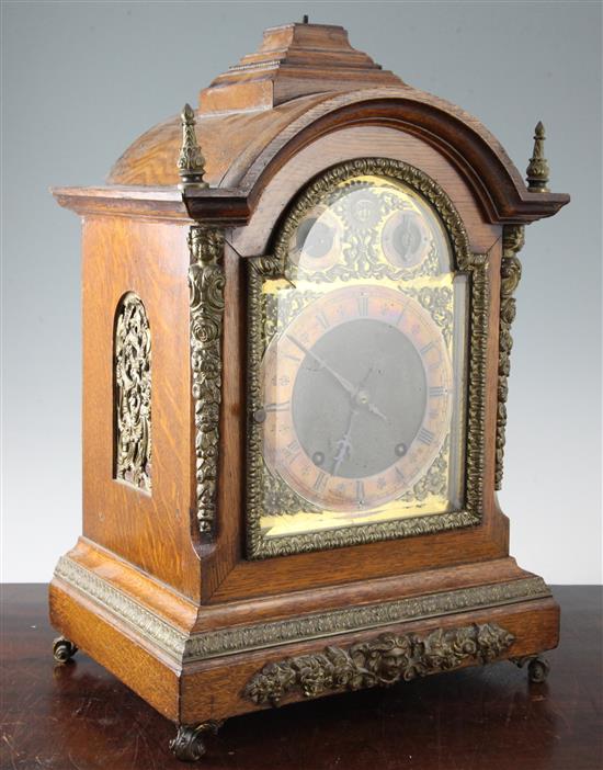 A late Victorian ormolu mounted oak bracket clock, 18in.